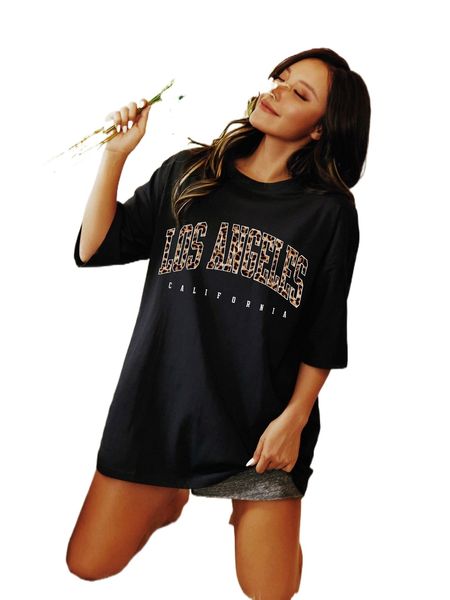

oversized leopard letter graphic tee 76td#, White