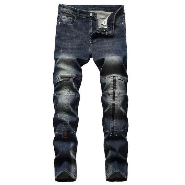

2021 stretch nostalgic personality stitching fashion pants men's jeans, Blue