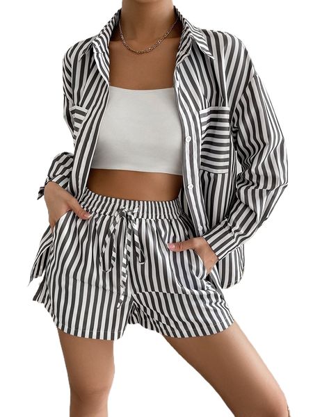 

striped drop shoulder shirt & shorts a7l7#, White