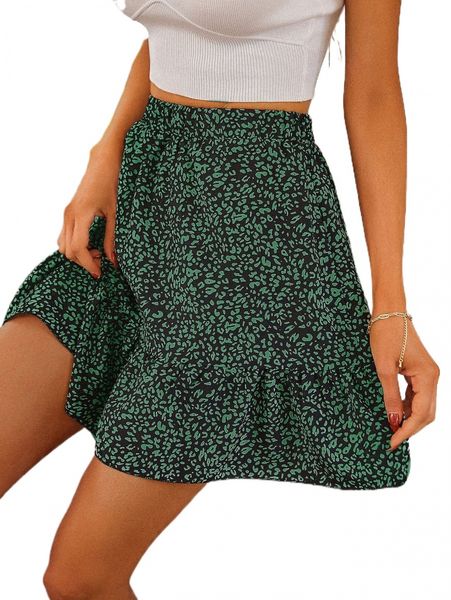 

leopard print ruffle hem skirt l5oo#, Black