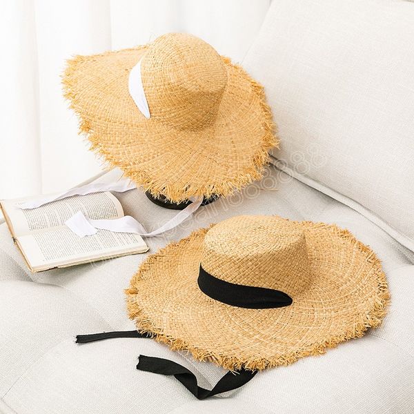 

women summer natural raffia straw hat fashion temperament ribbon floppy beach sun hats outdoor breathable travel dress hat, Blue;gray