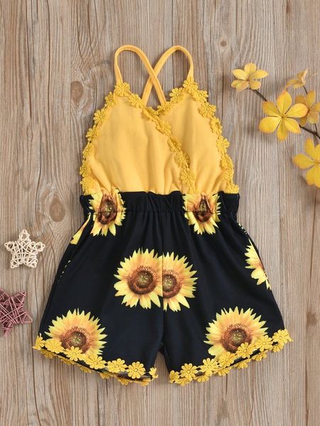 

toddler girls sunflower print appliques criss cross cami romper she, Blue