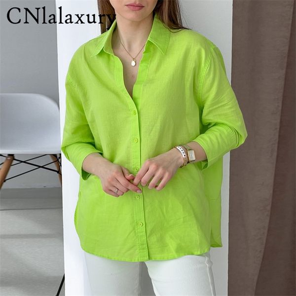 

cnlalaxury women spring summer vintage green color loose linen blouse office lady single breasted shirt chic chemise blusas 220725, White