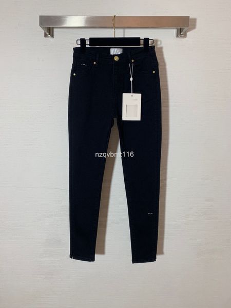 

women's jeans gold metal button embroidered trouser leg slit design high elastic medium waist denim leggings, Blue