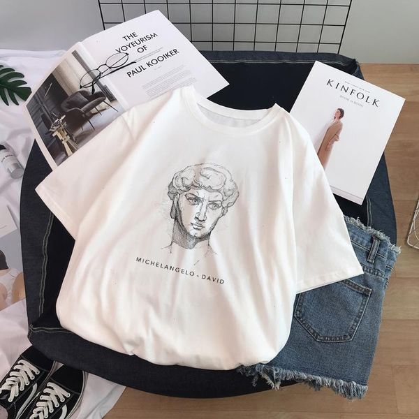 Ulzzang Harajuku Lustiges T-Shirt Schwarz-Weiß-Zeichnung David Bedrucktes Kurzarm-T-Shirt O-Ausschnitt Lässiges Damen-T-Shirt