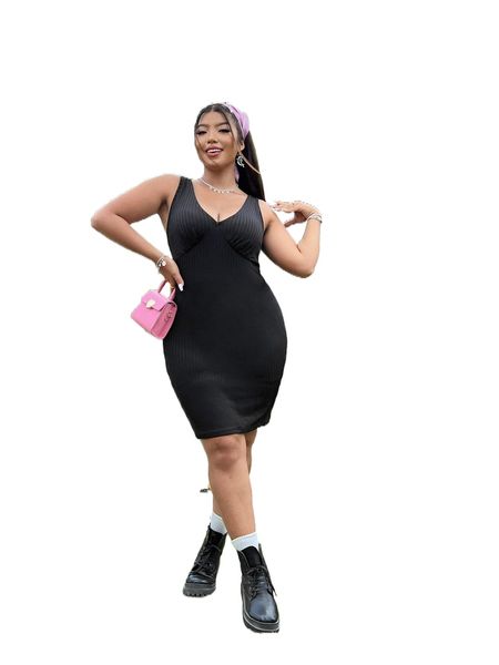 

plus ribbed knit bodycon dress w8sg#, Black