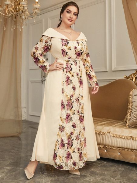 

plus floral print contrast lace belted maxi dress t0qx#, Black