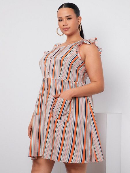 

plus striped print ruffle armhole patch pocket dress w8zg#, Black