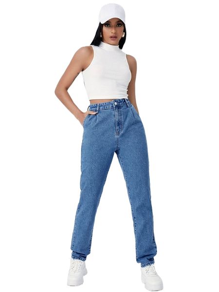

high waist medium wash jeans l57d#, Blue