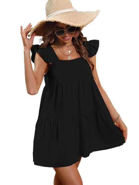 

solid ruffle flounce hem dress q25h#, Black;gray