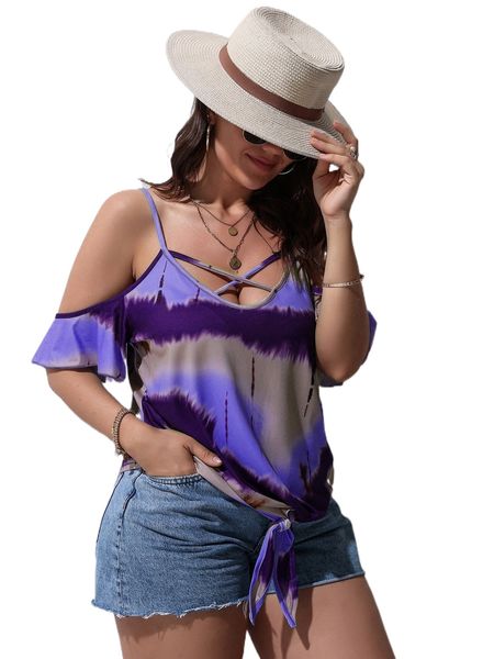 

plus criss cross cold shoulder tie dye tee x62p#, Black