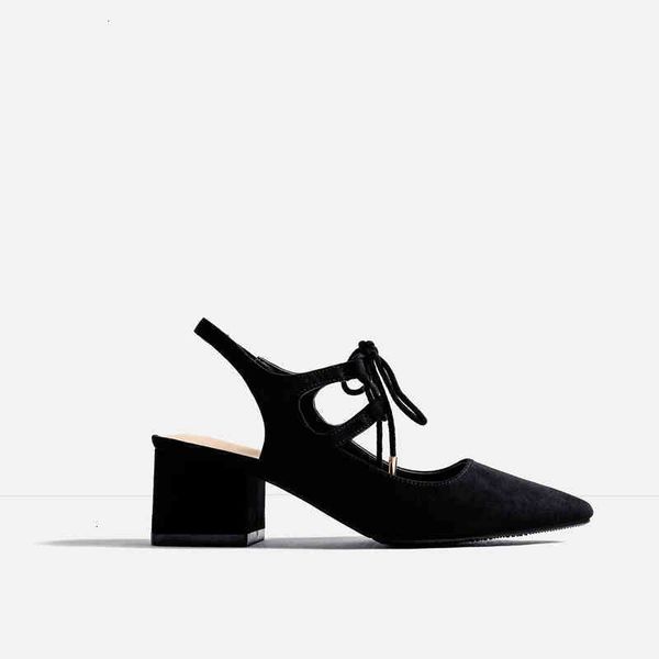 

sandals sandals women's square thick heels medium large high korean lace up, Black