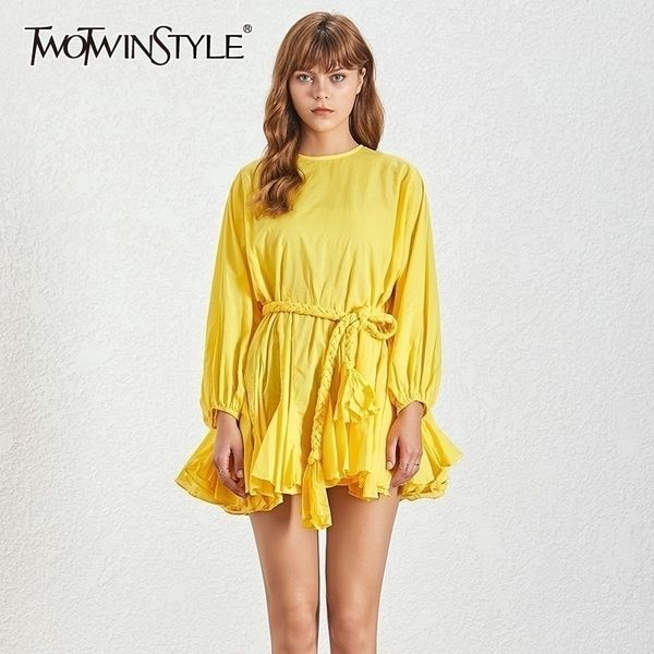 

twotwinstyle o neck long sleeve summer a line women dress high waist bandage bow slim mini solid dresses ladies fashion y200805, Black;pink