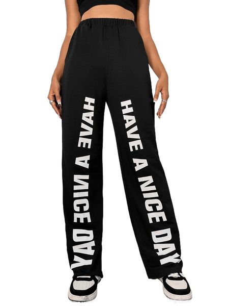 

slogan graphic slant pockets sweatpants 99pr#, Black;white