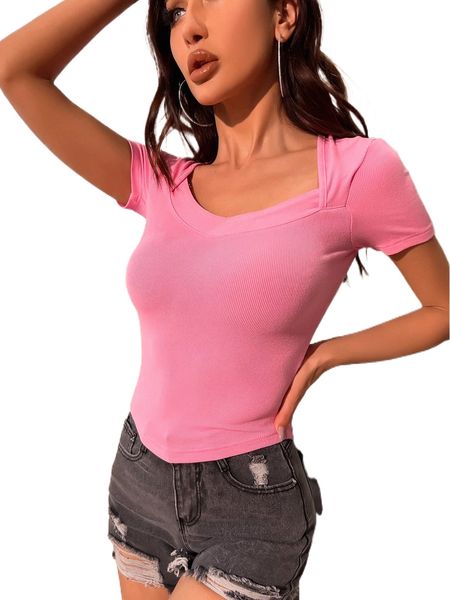 

meysi kim ribbed knit sweetheart neck tee k67p#, White