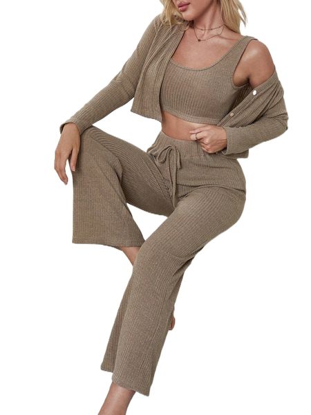 

3pcs button front & tank & pants lounge set r61b#, Black;red