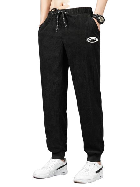 

men letter patched drawstring waist pants i5mg#, Black