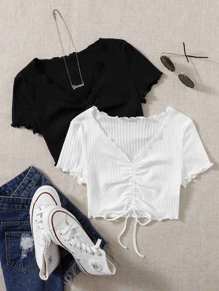 

2pcs drawstring front lettuce trim crop tee n5ux#, White