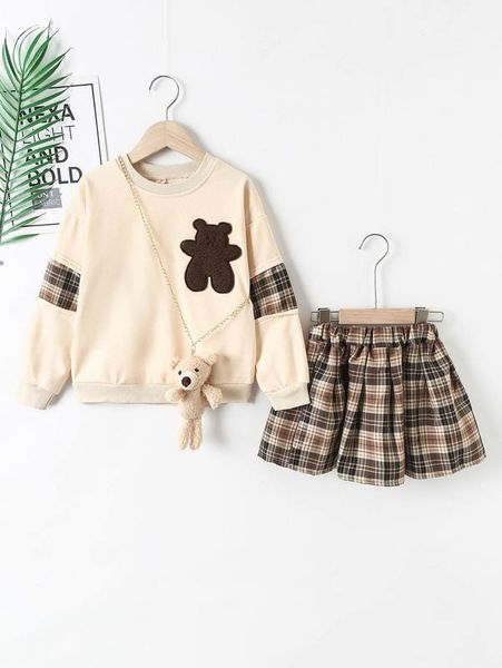 

girls tartan cartoon patched pullover & tartan skirt & bag she, White