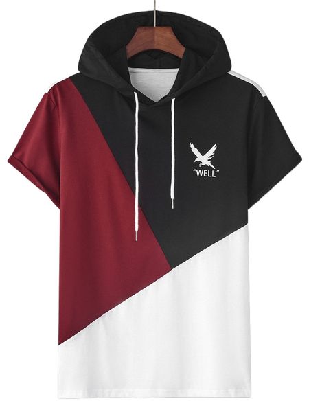 

men eagle & letter graphic colorblock drawstring hooded tee n9ac#, White;black