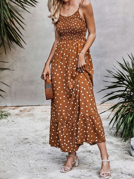 

polka dot print tie shoulder shirred cami dress d794#, Black;gray