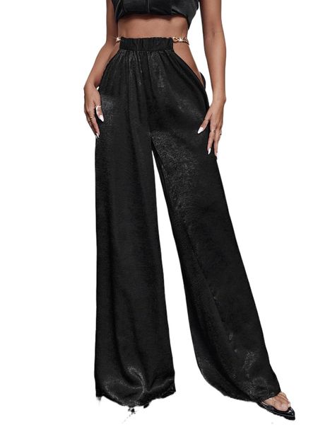 

solid high waisted chain detail cut out pants w0xa#, Black;white