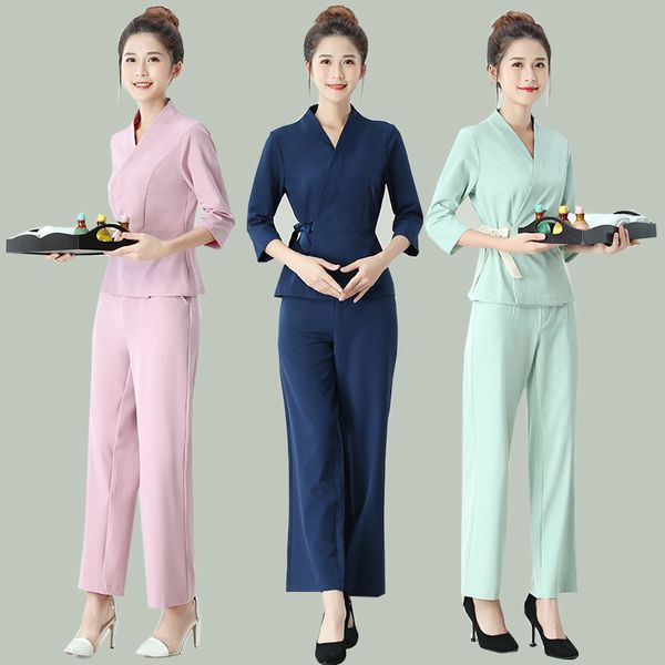 

summer women's two-piece pants classical costume and pant beautician technician work clothes sets casual suits asian elegant uniform, White