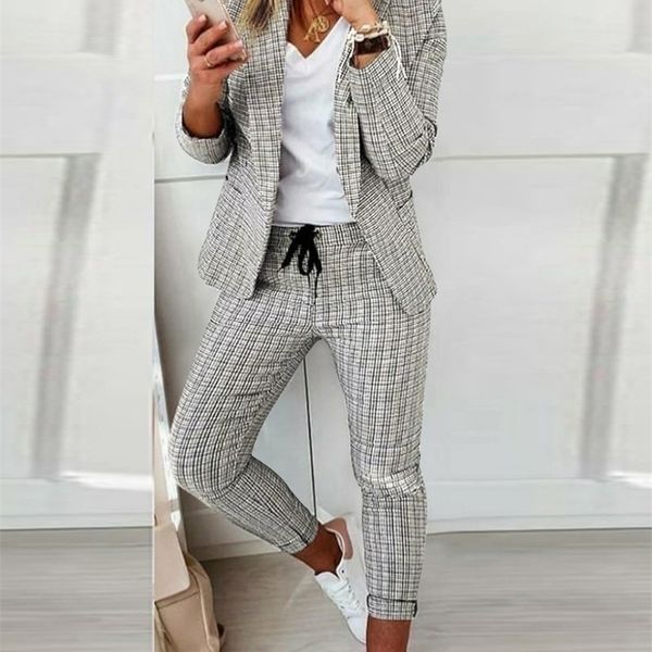 

womens plaid leisure suit female casual jacket trousers 220801, White