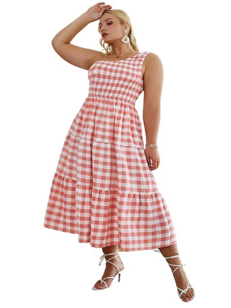 

simplee plus gingham shirred one shoulder ruffle hem dress c4xm#, Black