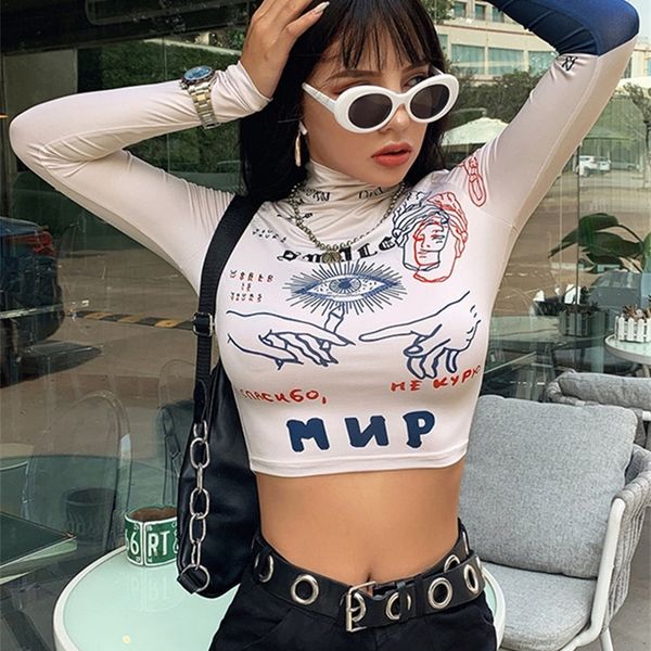 

kliou fashion autumn t shirt women long sleeve turtleneck crop letters print slim streetwear skinny tee 220728, White