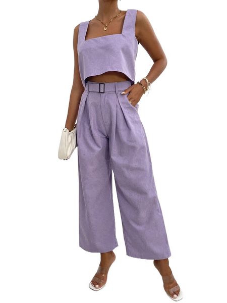 

solid crop tank & plicated detail belted pants m61e#, White