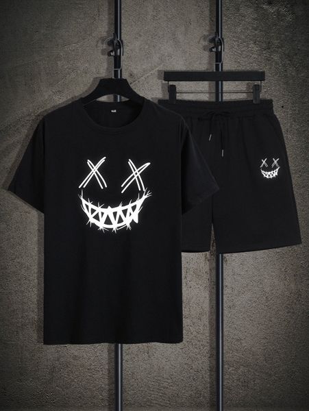 

men expression print tee & drawstring waist shorts d1fi#, Gray