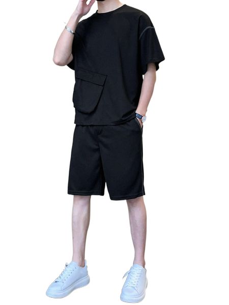 

men flap pocket stitching drop shoulder tee & shorts m403#, Gray