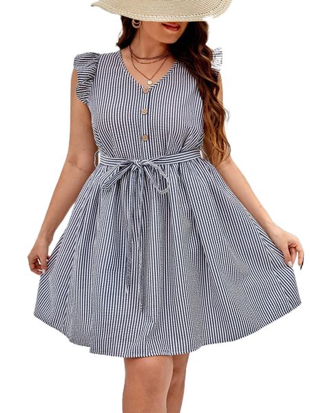 

plus striped butterfly sleeve belted dress 629q#, Black