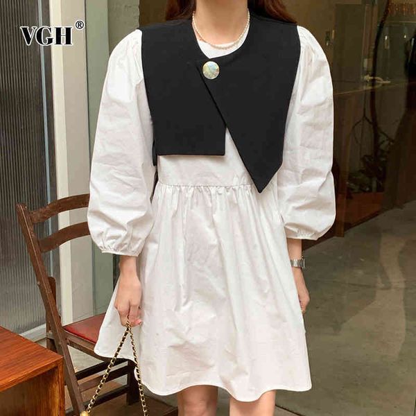 

casual two piece set for women irregular short vests o neck puff long sleeve high waist mini dresses korean sets female 210507, White