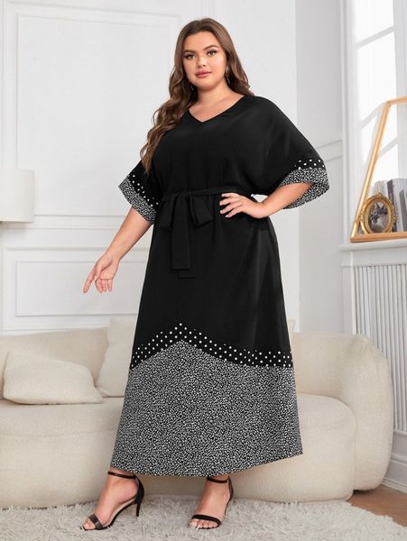 

plus leopard & polka dot print batwing sleeve belted dress o0cb#, Black