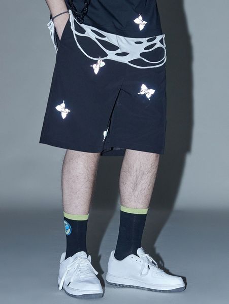 

men reflective butterfly print slant pocket shorts m9kg#, White;black