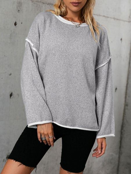 

simplee bell sleeve contrast piping sweater j2w4#, White;black