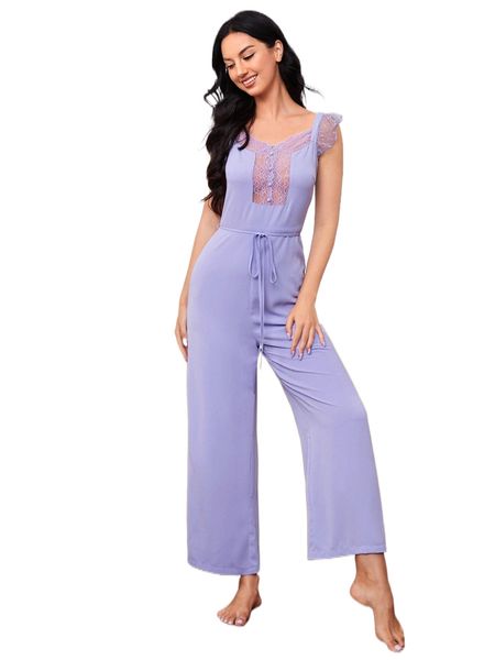 

dobby mesh contrast lace butterfly sleeve belted sleep jumpsuit t309#, Black;red