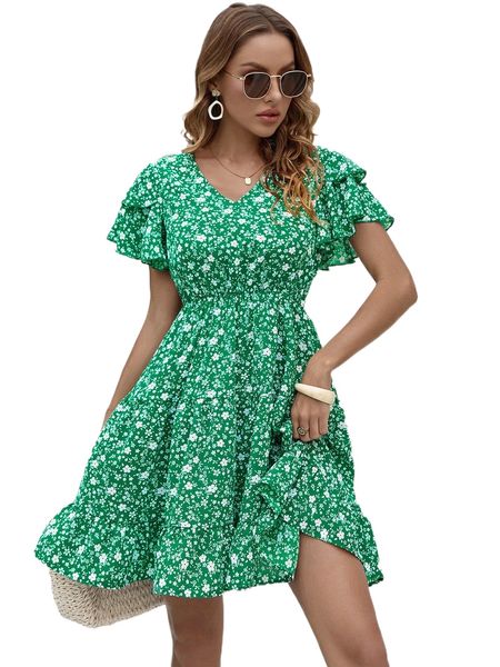 

allover floral print butterfly sleeve ruffle hem dress c1wu#, Black;gray