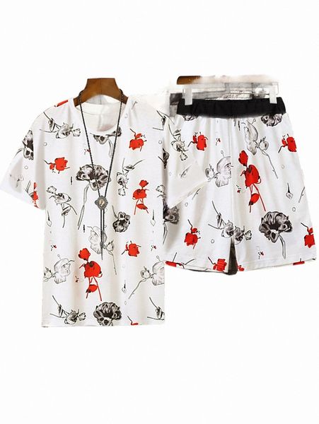 

men floral print tee & shorts u9ht#, Gray