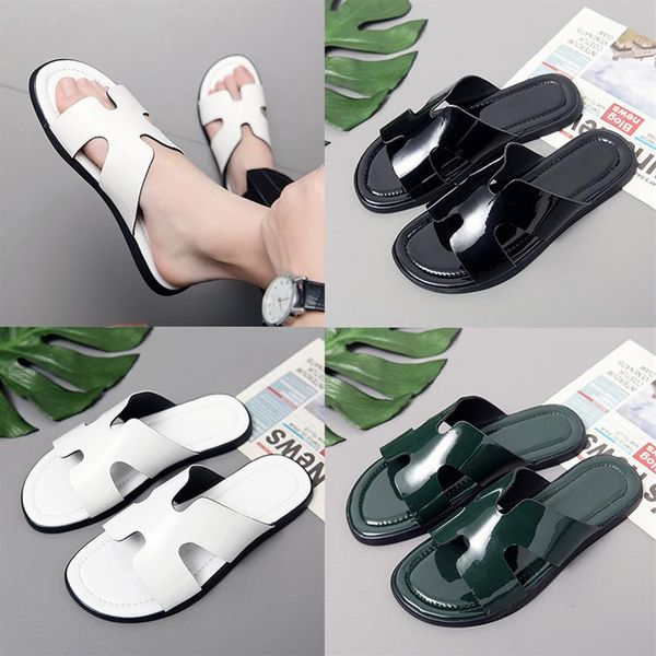 

luxury genuine leather slipper men h brand designer slides summer beach flat sandals shiny slippers black white green outdoor indo278f