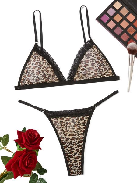 

leopard print lace trim mesh lingerie set q9yr#, Black;red