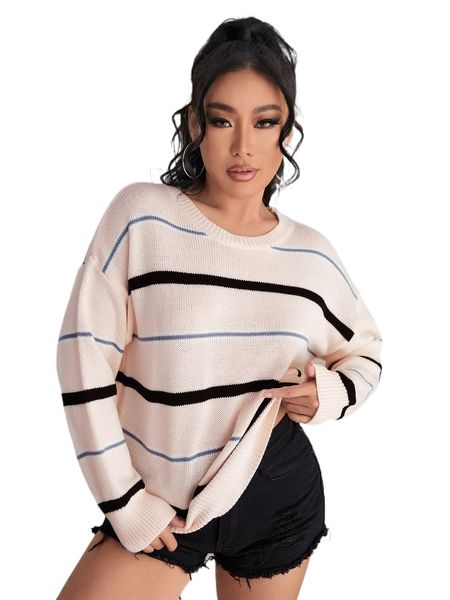 

drop shoulder striped pattern sweater g5nz#, White;black