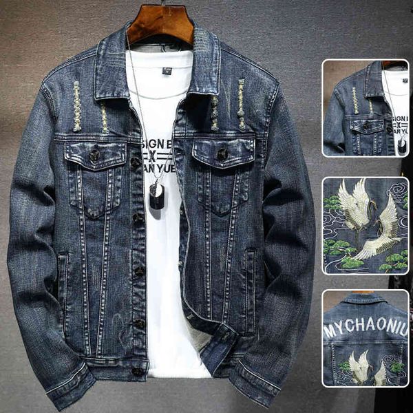 

men's jackets autumn men's slim elastic denim jacket embroidered crane lapel long sleeve fashion a8807 zars, Black;brown