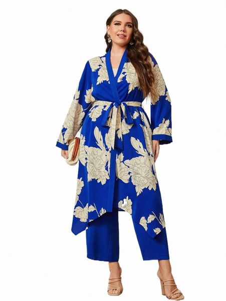 

plus floral print shawl collar belted coat & pants c9yo#, Black