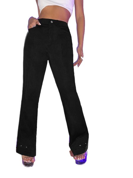 

high waist studded detail flare leg pants x1xp#, Black;white