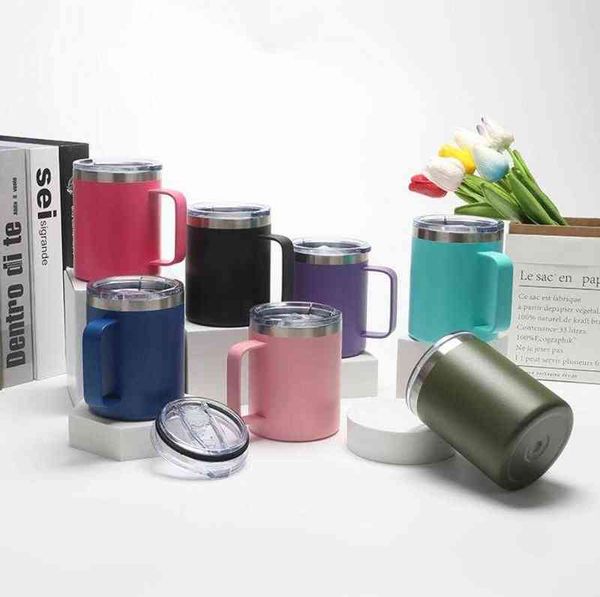 

12oz coffee mug with handle insulated stainless steel reusable double wall vacuum beer travel cup tumbler powder coated forest sliding lids