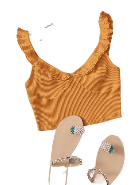 

ruffle trim rib-knit crop p43y#, White