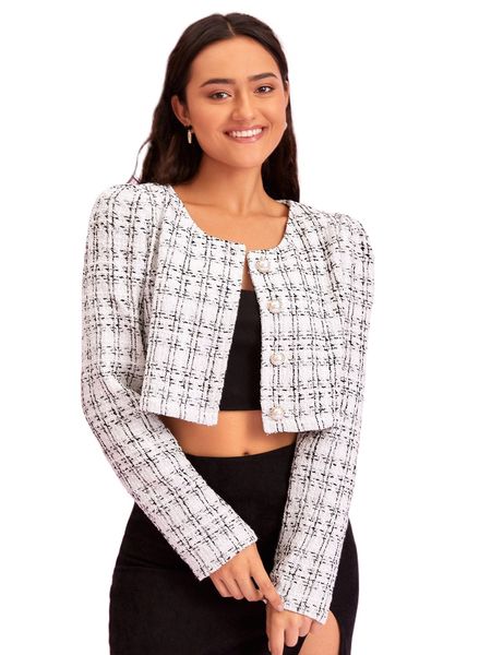 

plaid button front crop overcoat r6vq#, Black